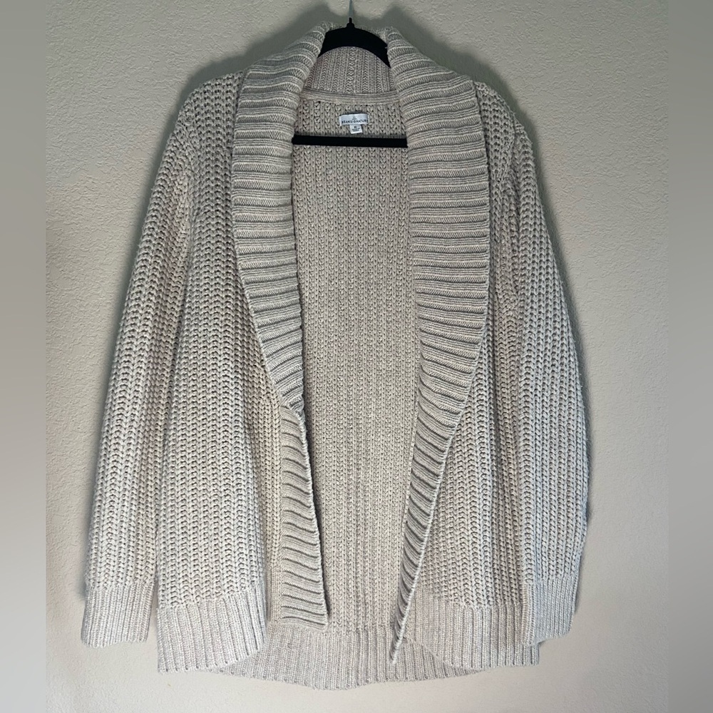 LL Bean Signature Womens Open Front Cardigan Sweater Sz M Cream Thick Wool Knit